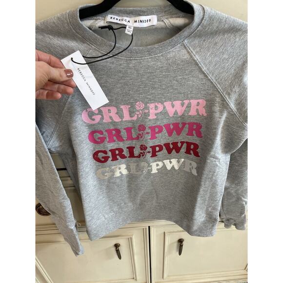 NWT $88 Rebecca Minkoff Girl Power Girl Pwr Gray Pink Crew Neck Sweater XS - Picture 2 of 7